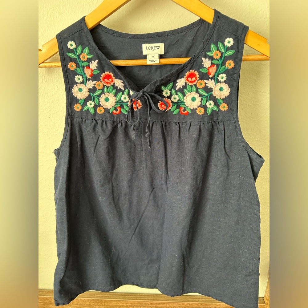 J. Crew Navy Embroidered Floral Tie-Front Camisole
